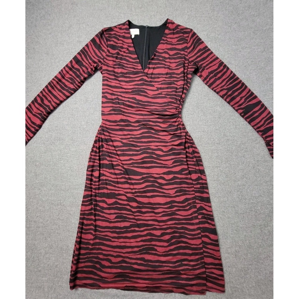 Hobbs London Women's Red Black Zebra Print Midi Dress US 2 Long Sleeve V Neck